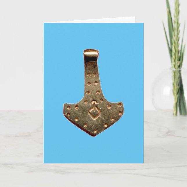Cartão de saudação azul do Martelo de Thor Dourado (Frente)