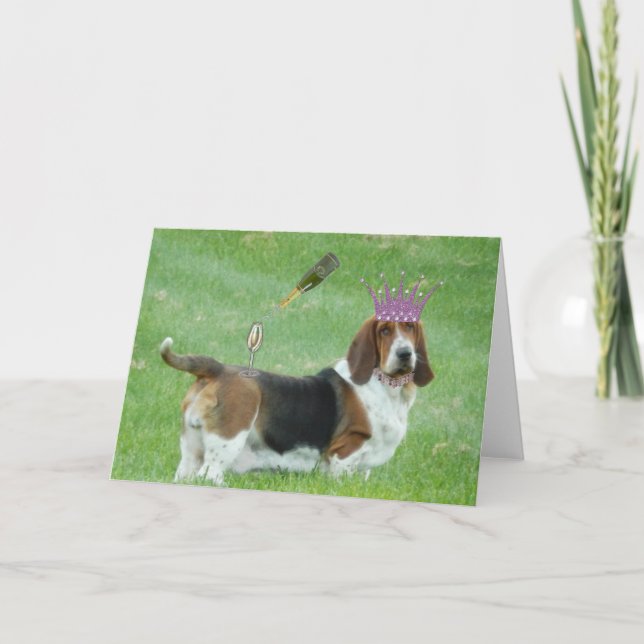 Cartão de Saudação Basset com Champanhe e Colar (Frente)
