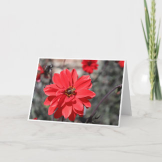 Cartão de saudação com abelha em flor vermelha