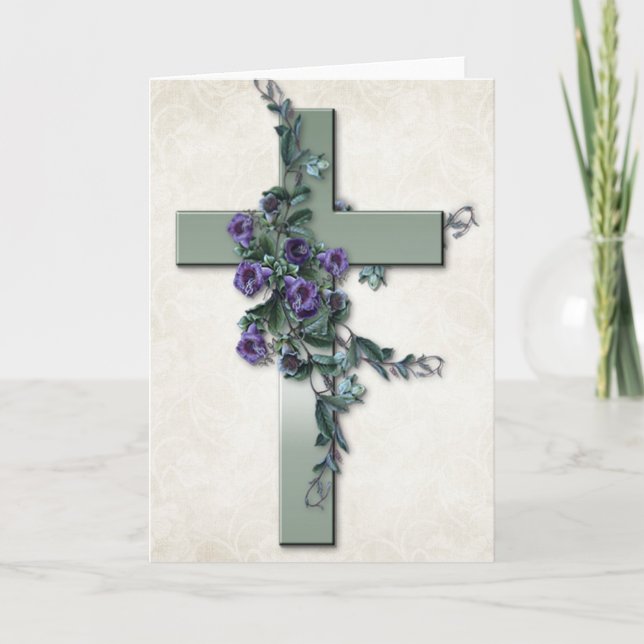 Cartão de Saudação da Cruz Verde com Flores Roxas (Frente)