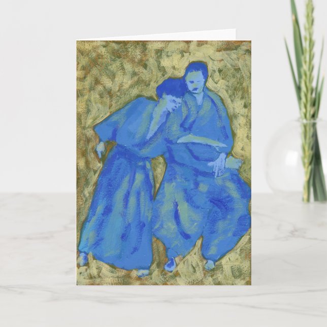 Cartão de saudação de aikido com prática azul e ve (Frente)