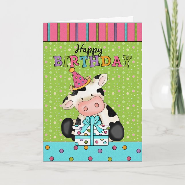 Cartão de saudação de aniversário de vaca (Frente)