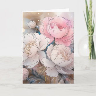 Cartão de saudação de aquarela floral de peônia bo