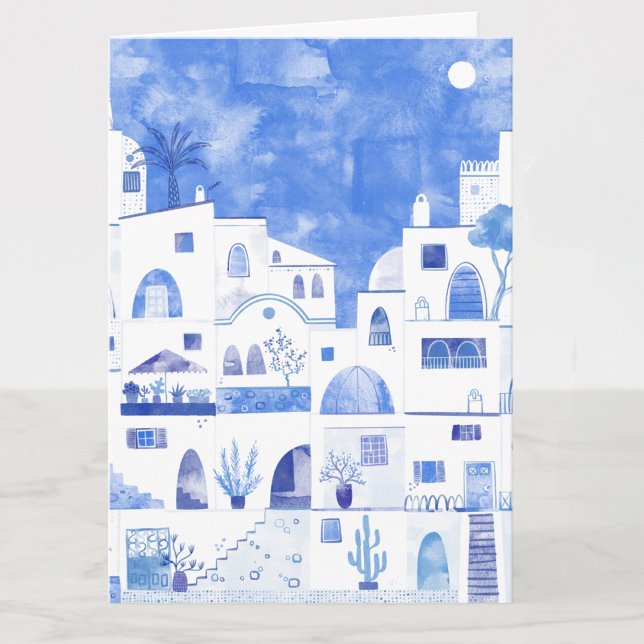 Cartão de saudação de arte de aquarela grega Santo (Santorini Greek island blue and white watercolor art card with original art by Nic Squirrell. )