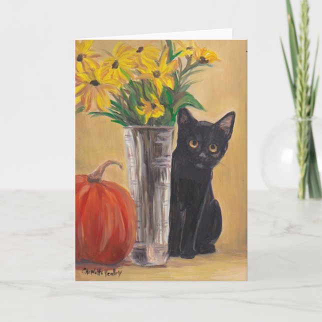 Cartão de Saudação de Arte de Gato Preto Pumpkin G (Frente)