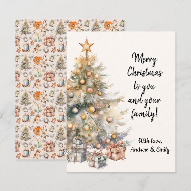 Cartão de Saudação de Árvore de Natal com Aquarela (Frente/Verso)