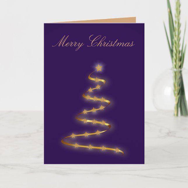 Cartão de Saudação de Árvore de Natal Roxo e Doura (Frente)