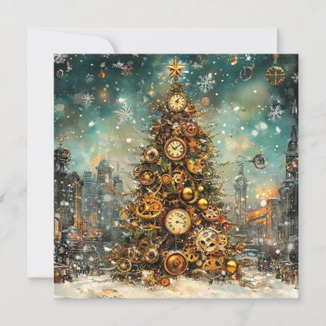 Cartão de Saudação de Árvore de Natal Steampunk (Frente)