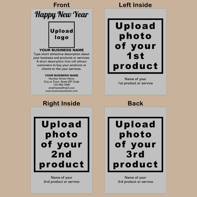 Cartão de Saudação de Cinza de Ano Novo para Empre (Gray New Year folded greeting card with your business brand and products or services.)