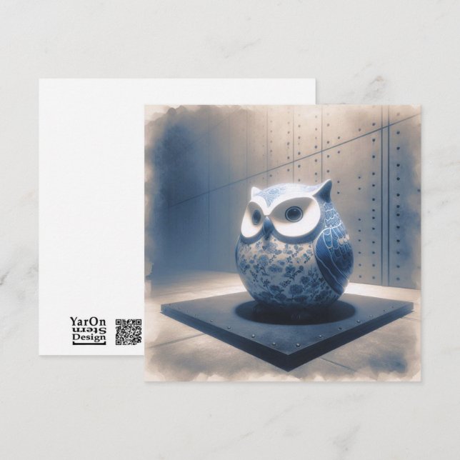 Cartão de Saudação de Coruja Porcelana Azul (Frente/Verso)