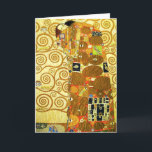 Cartão de Saudação de Cumprimento do Gustav Klimt<br><div class="desc">Cartão de saudação Gustav Klimt Fulfillment. Frieze de 1909. Completado durante a fase de ouro do Klimt, o Fulfillment apresenta um casal abrangente que se segura sob uma colcha multipadrão, com espirais, olhos, aves, peixes e outras formas. O fundo da obra apresenta as mesmas espirais de bronze que adorariam a...</div>