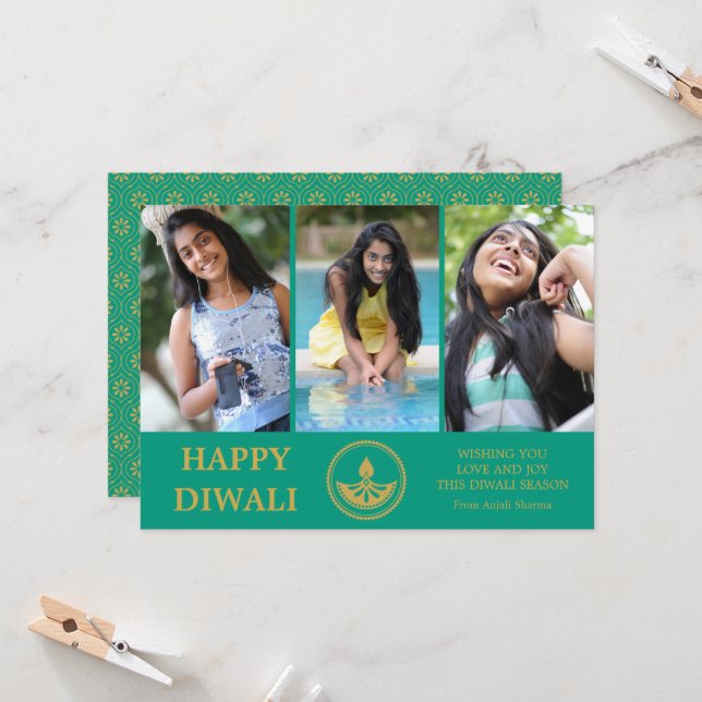 Cartão de Saudação de Foto Diwali - Cor Personaliz (Frente/Verso In Situ)