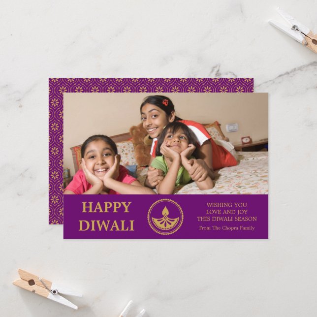 Cartão de Saudação de Foto Diwali - Cor Personaliz (Frente/Verso In Situ)