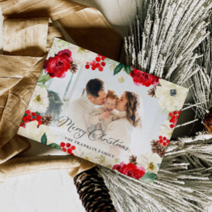 Cartão de Saudação de Foto Floral Vermelho Natal