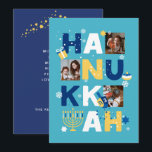 Cartão de Saudação de Foto HANUKKAH<br><div class="desc">Nosso cartão de saudação personalizada de fotos de Chanucá é uma maneira bela e divertida de desejar a família e amigos um Feliz Chanucá no estilo. Esta design festiva, divertida e moderna inclui um Menorah, Dreidel, Rosquinha de Jelly e Presente Molhado junto com Flocos de Neve e Estrelas Judaicas. Personalize...</div>