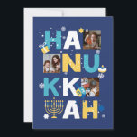Cartão de Saudação de Foto HANUKKAH<br><div class="desc">Nosso cartão de saudação personalizada de fotos de Chanucá é uma maneira bela e divertida de desejar a família e amigos um Feliz Chanucá no estilo. Esta design festiva, divertida e moderna inclui um Menorah, Dreidel, Rosquinha de Jelly e Presente Molhado junto com Flocos de Neve e Estrelas Judaicas. Personalize...</div>