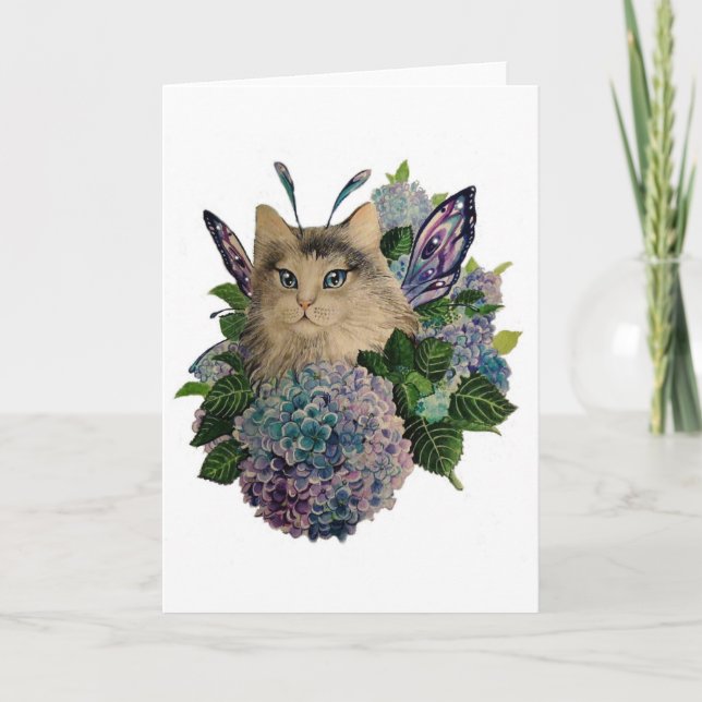 Cartão de saudação de gatinho de fada Hydrangea (Frente)