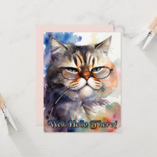 Cartão de Saudação de Gato de Aquarela com Óculos 