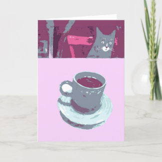 Cartão de Saudação de Gato e Café