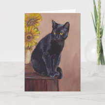 Cartão de Saudação de Gato Negro e Girassóis