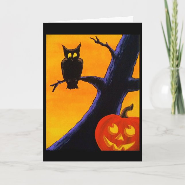 Cartão de Saudação de Halloween para Owl & Jack O' (Frente)