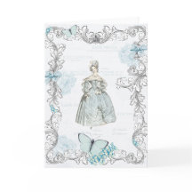 Cartão de saudação de moda do século XIX em azul