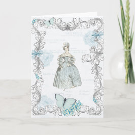 Cartão de saudação de moda do século XIX em azul