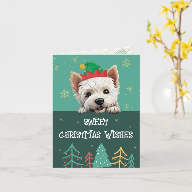 Cartão de saudação de Natal com Terrier branco per (Flor Amarela)