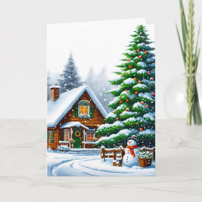 Cartão de Saudação de Natal Rustic Snowy Log Cabin (Frente)