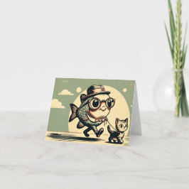 Cartão de saudação de peixe e gato engraçado