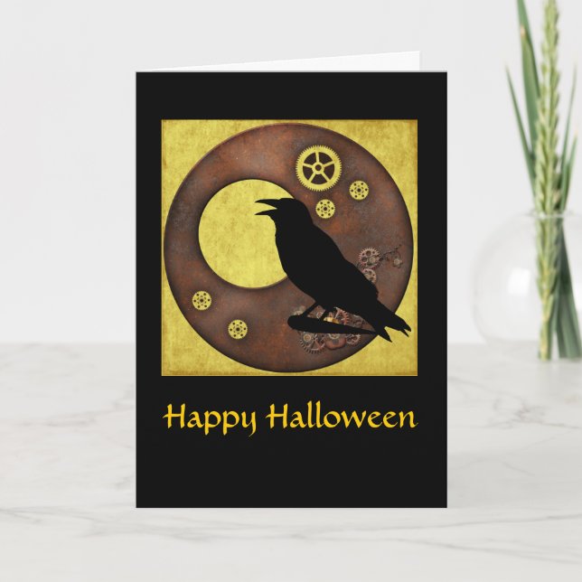 Cartão de Saudação de Steampunk Raven Halloween (Frente)