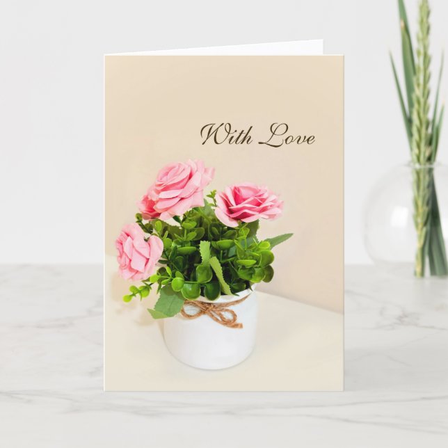 Cartão de Saudação Dobrado Com Amor Rosas Rosa (Frente)