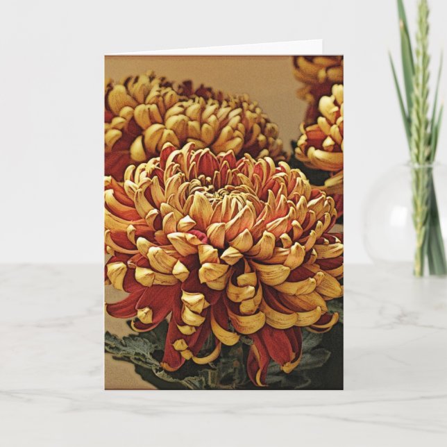 Cartão de Saudação Dourado e Vermelho Chrysanthemu (Frente)