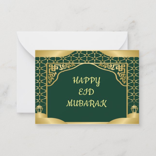 Cartão de Saudação Eid Mubarak Verde Dourado (Frente)