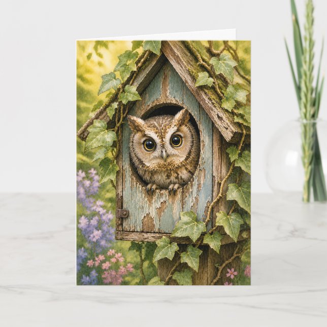Cartão de Saudação em Aquarela com Casa de Pássaro (Frente)