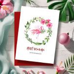 Cartão de Saudação Flamingo Rosa Tropical para o N<br><div class="desc">Mande desejos quentes da costa com estes cartões de Natal de praia, com um flamingo branco, cor-de-rosa, cercado por uma coroa festiva de flores de hibisco tropicais. Este cartão de saudação único para o Natal mostra uma vibrante trabalho de arte de aquarela e a frase alegre "Feliz Beach-mas" em divertida...</div>