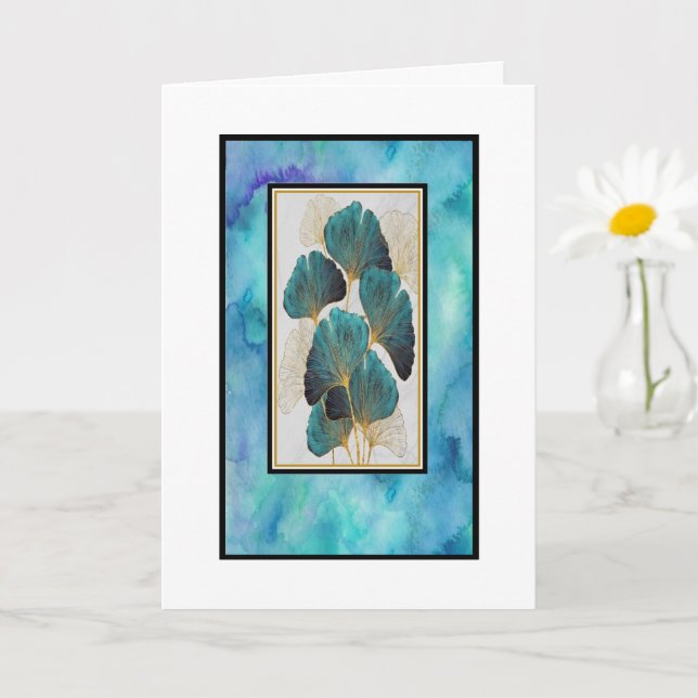 Cartão de Saudação Floral em Azul-petróleo e Doura (Planta pequena)