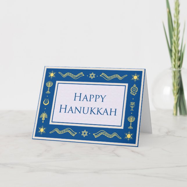 Cartão de saudação hanukkah, azul e dourado (Frente)