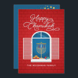Cartão de Saudação HANUKKAH Menorah Dreidel<br><div class="desc">Nosso cartão de saudação de Chanucá com um sonho, menorah, rosquinha de gelatina e estrelas judias de David é uma maneira bela e divertida de desejar a família e amigos um Feliz Chanucá no estilo. . Personalize com sua saudação personalizada ao contrário para torná-la realmente uma espécie. Feliz Hanukkah! Precisa...</div>