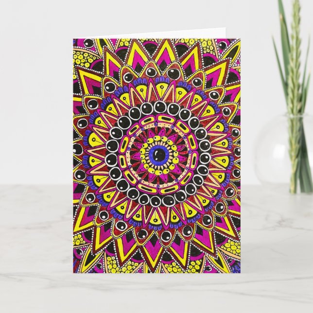 Cartão de Saudação Mandala Roxo Amarelo Lápis de C (Frente)