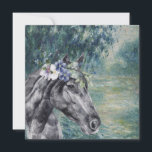Cartão de Saudação Monet Morning Seine e Black Hor<br><div class="desc">A bela compilação artística mostra a Manhã de Claude Monet no Sena como fundo com retrato de cavalo preto com cobertura de coroa floral de aquarela.</div>