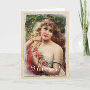 Cartão de Saudação Mulher Vitoriana com Rosas Rosa
