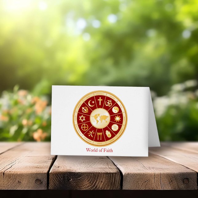 Cartão de Saudação Mundial de Fé (World of Faith Greeting Card.
Gold symbols of international religions surround a world map. )