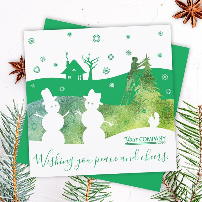 Cartão de Saudação para Neves da Companhia de Logo (green company logo christmas cards, snowmen snow village holiday greeting cards, green white snow)