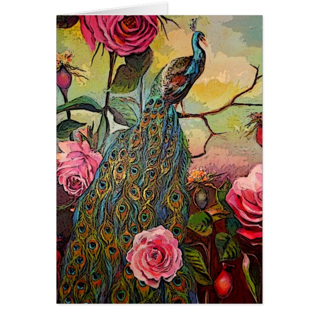 Cartão de saudação Peacock e Rosas (Frente)