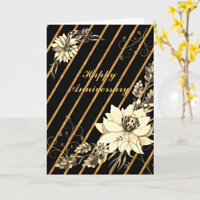 Cartão de Saudação Personalizado Preto e Dourado (Flor Amarela)