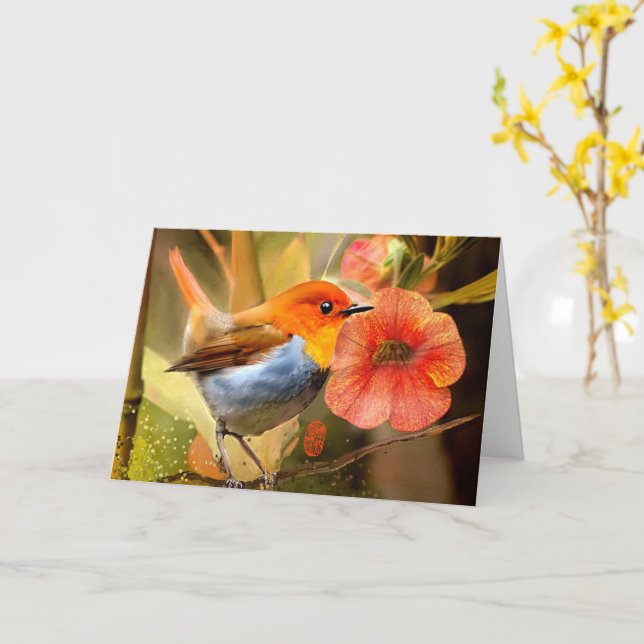 Cartão de Saudação Robin Japonês (Flor Amarela)
