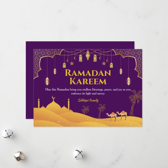 Cartão de Saudação Roxo e Dourado Ramadan Mubarak (Frente/Verso In Situ)