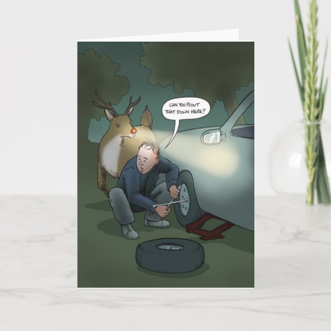 Cartão de Saudação Rudolph Flat Tire Natal Feriado (Frente)