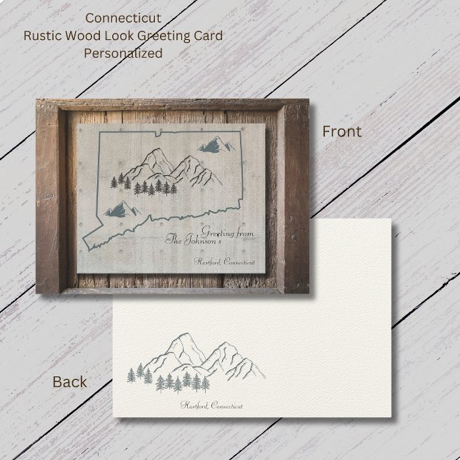 Cartão de Saudação Rustic Wood Mountain Connecticu (Connecticut Rustic Wood Greeting Card. The "wood look" makes this card so unique. Personalize it!)